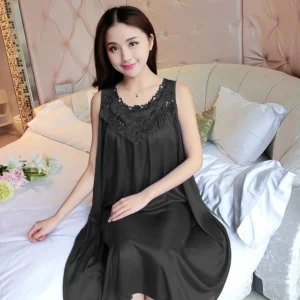 Lace Ice Silk Sleeping Dress Medium Length Sleeveless Tank Top Sexy Sleeping Dress Can Be Worn Externally Home Wear - Image 5