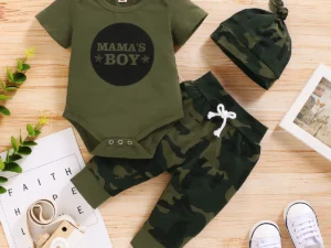 Newborn Baby Boy Summer Clothes Set Letters Short Sleeve Romper +Camouflage Pants+Hat 3pcs Outfits for Toddler Boy 0-18 Months
