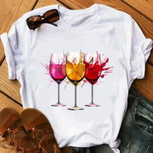 New Red Wine Glass Girls Printed T-shirt Summer Short Sleeve Men and Women Short Sleeve T-shirt Oversized T Shirt Harajuku Tops