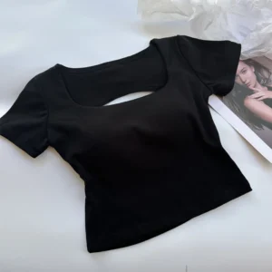 T-shirt Woman clothing Square Neckline tops Short Sleeve crop top with bras for women girls sexy street wear Backless top tees - Image 7