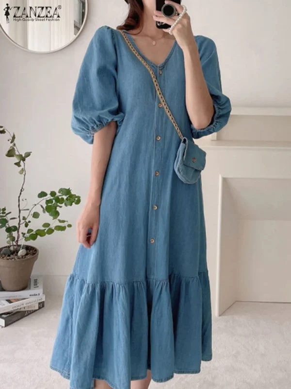 ZANZEA Women Denim Blue Robes Longue Oversized Fashion Summer Puff Sleeve Maxi Vestidos Retro Dress Casual Solid Baggy Sundress - Image 3