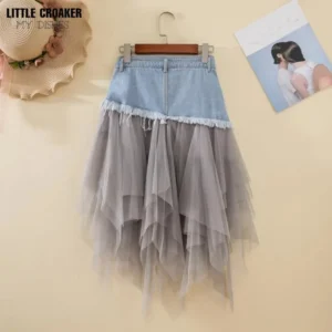 Asymmetrical Denim Jeans Tulle Skirts Womens High Waist Long Mesh Tutu Tassel Pleated Midi Gothic Skirt with Pockets Belt Black - Image 6