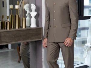 Classic 2 Piece Men's Slim Fit Solid Color Stand Collar Wedding Suit (Blazer+Pants）