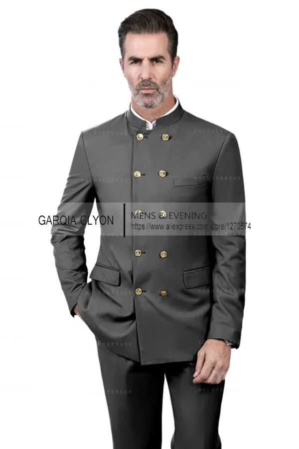 2 Piece Stand Collar Double-Breasted Chinese Style Men's Suits With 3 Real Pocket Wedding SuitsTailored Fit (Blazer+Pants) - Image 5