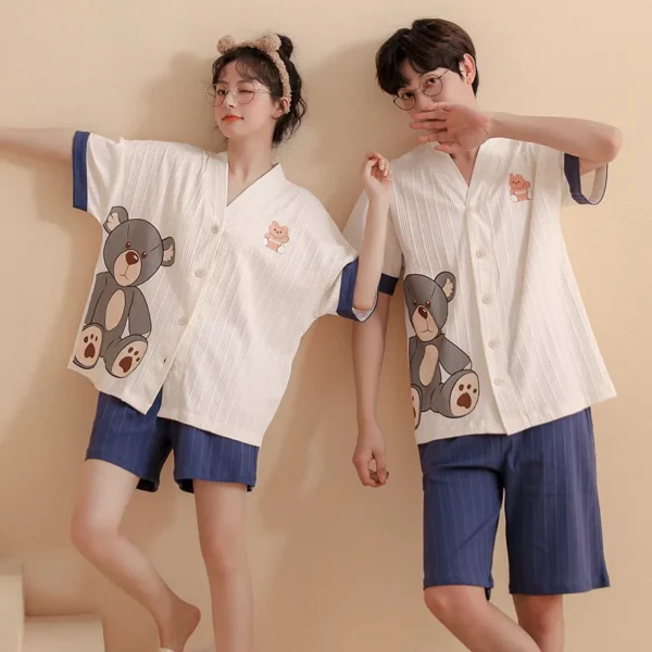 Summer Couples Cotton Pajamas Sets Women Men Short Sleeve Shorts Pyjamas Sleepwear Cartoon Home Clothing Korean Lovers Homewear - Image 4