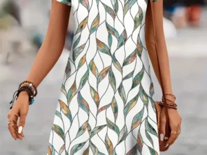 Casual Well-Fitted Printed Short Dress For Women Summer Elegant And Retro Lady's V-Neck Short-Sleeved Straight Knee-Length Dress