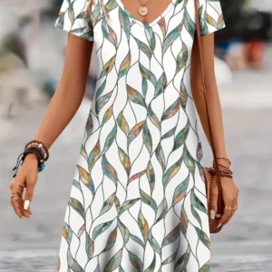 Casual Well-Fitted Printed Short Dress For Women Summer Elegant And Retro Lady's V-Neck Short-Sleeved Straight Knee-Length Dress