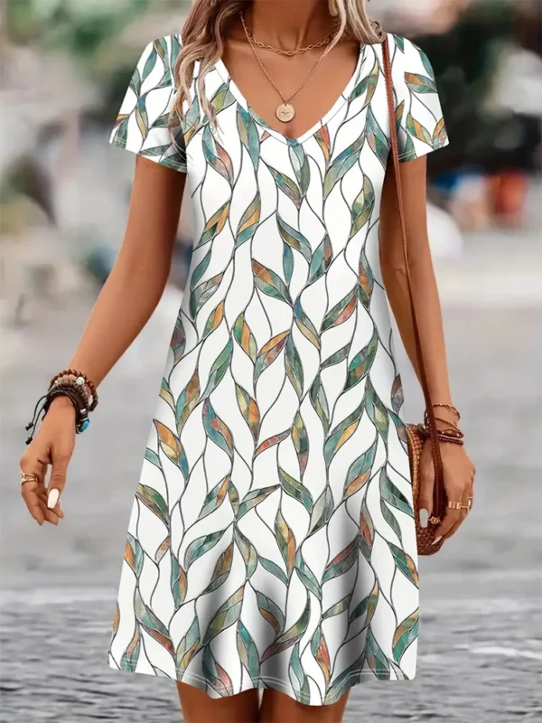 Casual Well-Fitted Printed Short Dress For Women Summer Elegant And Retro Lady's V-Neck Short-Sleeved Straight Knee-Length Dress