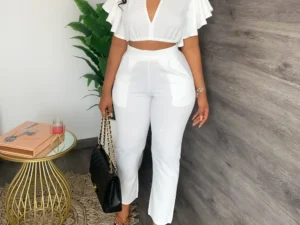 Pant Sets Women Two Piece Sweet Sets Ruffles Short Sleeve V Neck Crop Top High Waist Slim Long Pants Suits Casual Solid Outfits