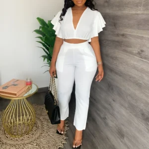 Pant Sets Women Two Piece Sweet Sets Ruffles Short Sleeve V Neck Crop Top High Waist Slim Long Pants Suits Casual Solid Outfits
