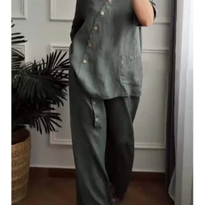 Casual 2PCS Fashion Women Suit 2024 Spring Summer 3/4 Sleeve Pocket Button Blouse Loose Pant Sets Work Solid Two Piece Sets
