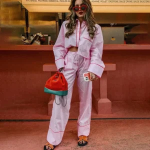Chic Patchwork Long Pant Sets For Women 2024 Spring Lapel Long Sleeve Blouse Wide Leg Trousers 2 Pieces Sets Lady Streetwear - Image 3