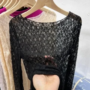 2025 Slightly transparent black lace shirt women long sleeved Spring and Autumn New slim fit inner layer with mesh - Image 7