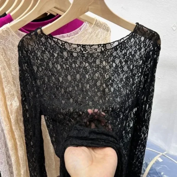 2025 Slightly transparent black lace shirt women long sleeved Spring and Autumn New slim fit inner layer with mesh - Image 7
