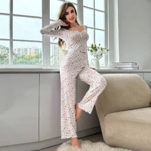 Sleepwear Women Floral Print Lettuce Trim Top with Long Pant Lovely Loungewear Full Sleeve Nightwear Spring Autumn Pajamas Set - Image 5