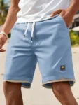 Men's Casual Summer Shorts with Pockets - Black, Elastic Waistband, Drawstring, Polyester, Two-Layer Design, Lightweight & Breat