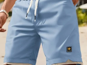 Men's Casual Summer Shorts with Pockets - Black, Elastic Waistband, Drawstring, Polyester, Two-Layer Design, Lightweight & Breat
