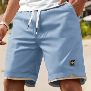 Men's Casual Summer Shorts with Pockets - Black, Elastic Waistband, Drawstring, Polyester, Two-Layer Design, Lightweight & Breat