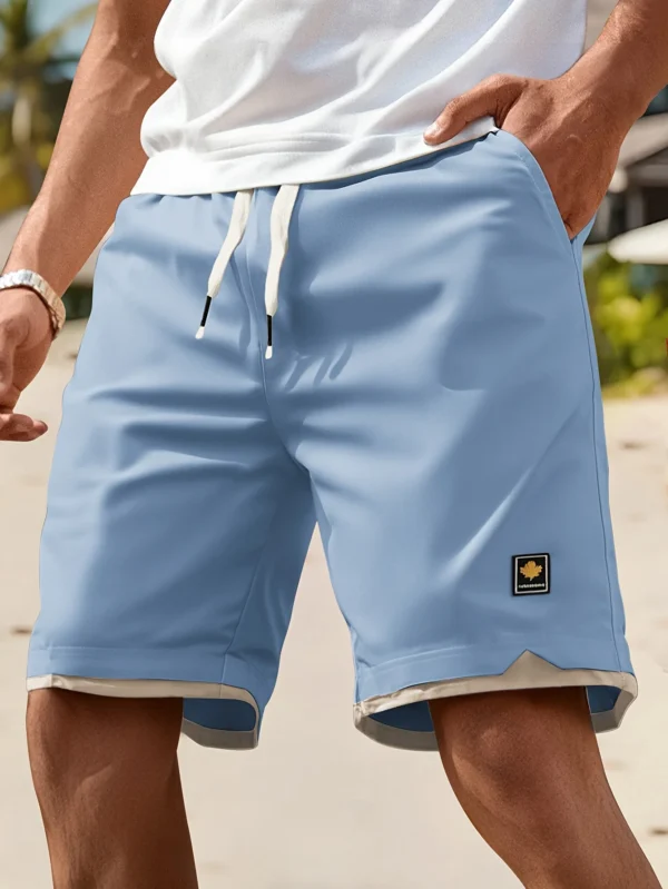 Men's Casual Summer Shorts with Pockets - Black, Elastic Waistband, Drawstring, Polyester, Two-Layer Design, Lightweight & Breat