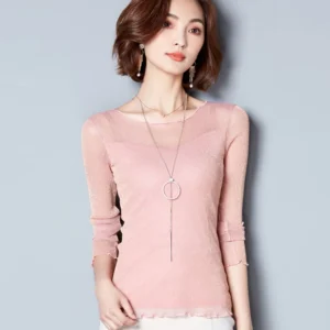 Glitter Mesh Blouse Sexy Womens Shirts Long Sleeve Tops Korean Black Pink O-Neck Elegant Slim Blouse Camisas Femininas - Image 4