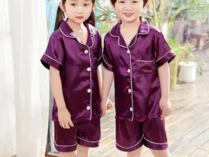 Purple Satin Pajamas Sets for Girls Outfit Sleepwear Set Silk Short Sleeve Pijama Toddler Boy Children's Clothing Kids Home Wear