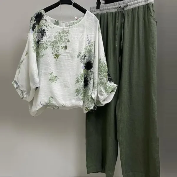 Two Piece Set Women Outifit Fashion Floral Print Long Sleeve O Neck Blouse + Wide Leg Pants Sets Lady Spring Loose Trousers Suit - Image 4