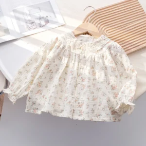 Children Clothing Girls Korean Style Floral Fresh Shirt Baby Foreign Lace Shirt Spring New Long-sleeved Shirt