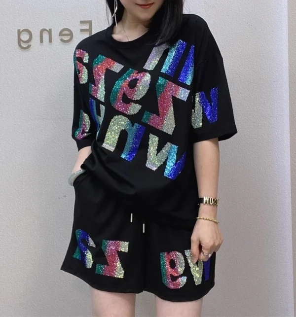 Oversized summer short-sleeved T-shirt and shorts casual set, Rhinestone wide-leg pants two-piece women's set - Image 5