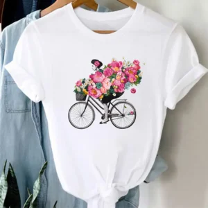 Fashion Women's T-shirt Floral Bicycle Print T-shirt Women's Cartoon Streetwear Tshirt Tops Aesthetic Clothes Oversized T Shirt - Image 3