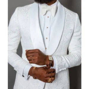 Handsome Men Suits White Jacquard One Button Shawl Lapel Slim Fit Blazer Elegant Business Prom Party 2 Piece Jacket Pants Sets - Image 3