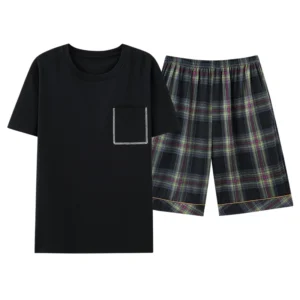 Men Pajamas Short Sleeve Shorts Cotton Plaid O-neck Sleepwear Men Summer Home Clothes Big Yards L-4XL Young Male Homewear Set - Image 6
