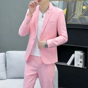 Slim Fit Two-Piece Suit Casual Business Style Solid Color Autumn Dress Suit with Trousers Included Stylish Men's Costume