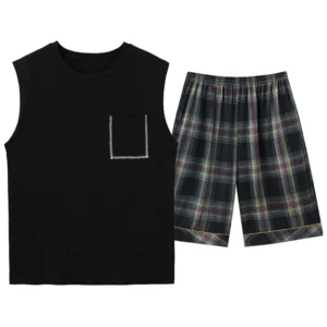 Fashion Summer Letter Print Pajamas Sets for Men Plaid Pants Knit Cotton Male Sleepwear Big Yards 4XL Home Wear Lounge Nightwear - Image 5