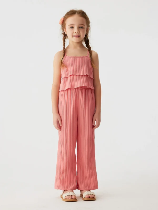 2024 Solid Summer Girls' Sling Pants Set with Wave Stripes Two piece Princess Style Casual Fashion Set - Image 3