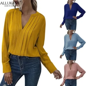 Allukasa Women Chiffon Blouse Female V Neck Casual Long Sleeve Pleated Solid Color Pullover Fashion Office Shirt Ladies Clothing - Image 3