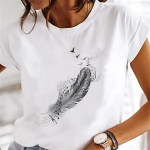 Women's Short-sleeved T-shirt Feather Fashion Print Instagram Base Shirt Women Clothes Tops Aesthetic Clothes Graphic T Shirts - Image 5