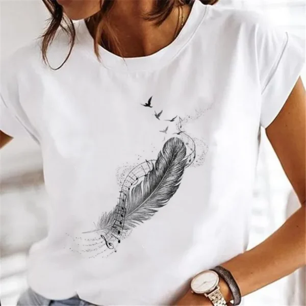 Women's Short-sleeved T-shirt Feather Fashion Print Instagram Base Shirt Women Clothes Tops Aesthetic Clothes Graphic T Shirts - Image 5
