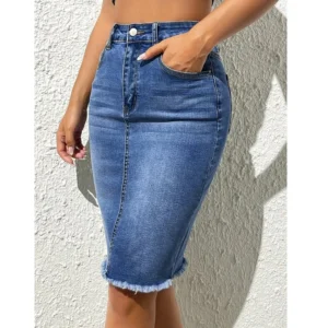 ﻿ ﻿ Women High Waist Denim Skirts Ladies Stretch Jeans Knee Length Casual Bodycon Skirt - Image 4