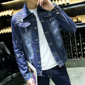 Denim Jackets Man Blue In Lowest Price Jeans Coat For Men With Hole Wide Sleeves Ripped Of Fabric Vintage Worn Stylish Y2k - Image 3