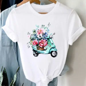 Fashion Women's T-shirt Floral Bicycle Print T-shirt Women's Cartoon Streetwear Tshirt Tops Aesthetic Clothes Oversized T Shirt - Image 6