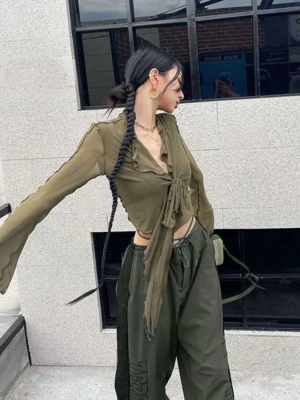Long Flare Sleeve Blouses for Women Lace-up Mesh Sexy Sweet Hot Girls Korean Fashion Style All-match Solid Design Elegant Casual - Image 6