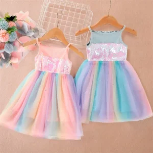 Baby Girls Unicorn Rainbow Brithday Sequin Tutu Dress Little Girls Princess Party Clothes Children Summer Casual Suspender Dress - Image 4