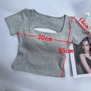 T-shirt Woman clothing Square Neckline tops Short Sleeve crop top with bras for women girls sexy street wear Backless top tees - Image 4