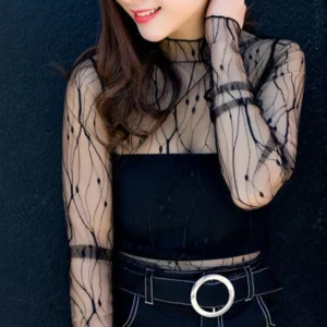 Women Fashion T-Shirts Tulle Mesh Versatile Long Sleeve Ladies Printed Tops Casual Thin Base Blouses Lace Sheer Blouses - Image 5