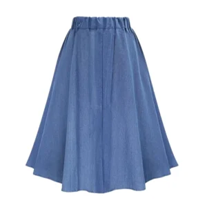 Women's Denim Jean Skirt High Waist Button Pleated Midi Skirt With Elastic Waist Knee Length Summer Dress - Image 4