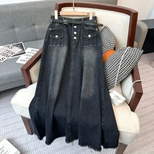 Women's Loose Long Denim Skirt, Casual Raw Edge, A-line, Tide, Female Fashion, Spring, Autumn, New, 5XL