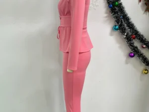 Znaiml Pink 2 Piece Set Women Autumn Winter Work Wear V-neck Bandage Tops and Pencil Pants Suit Elegant Office Lady Outfits New