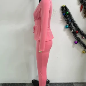 Znaiml Pink 2 Piece Set Women Autumn Winter Work Wear V-neck Bandage Tops and Pencil Pants Suit Elegant Office Lady Outfits New