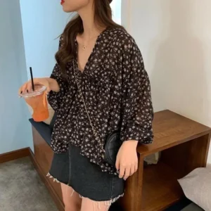 New Spring and Summer Fashionable Sweet and Loose Versatile Top with A V-neck Floral Long Sleeved Chiffon Shirt for Women 9307 - Image 5