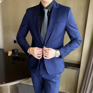 Men's Fashion High-Quality Slim Fit Two-Piece Suit Set Spring Autumn Stripes Business Casual Trousers And Jacket Combo - Image 6